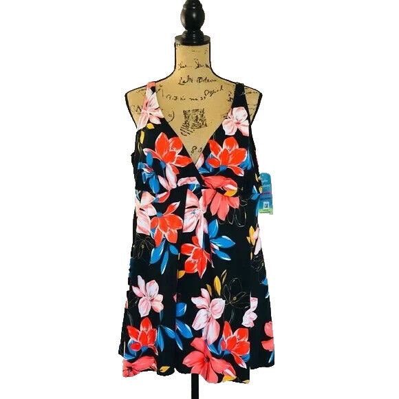 Swim Solutions Women's Black Floral V-Neck Triple Tier Tankini Top Size 10