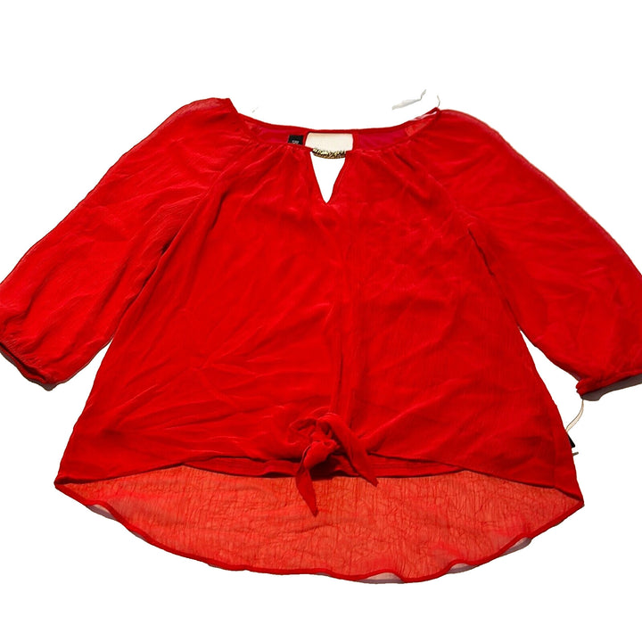 BCX Women's Red 3/4 Sleeve Keyhole Neck Knot Front Blouse Top Size Medium