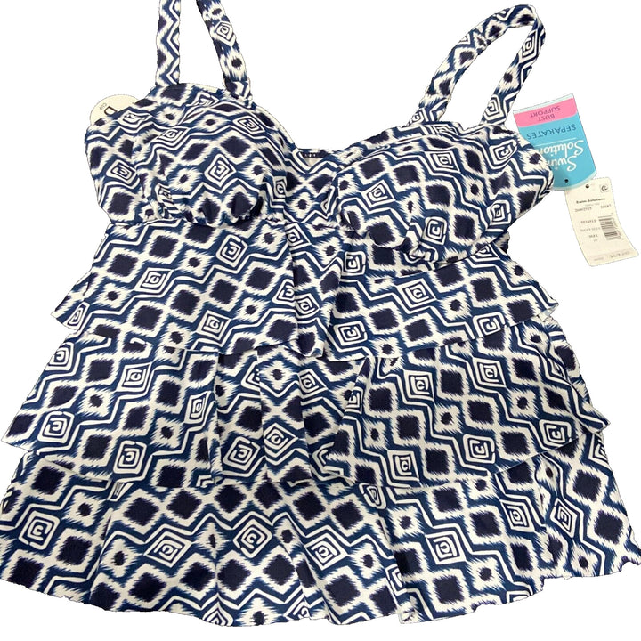 Swim Solutions Women's Navy Blue Triple Tier Tankini Top Size 10