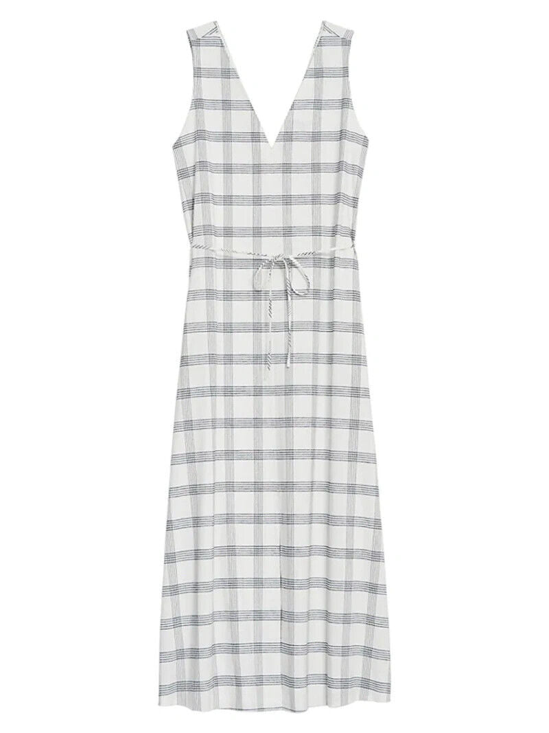 Theory Women's Ivory Spring Plaid Deep V-Neck Side Slit A Line Midi Dress Size M