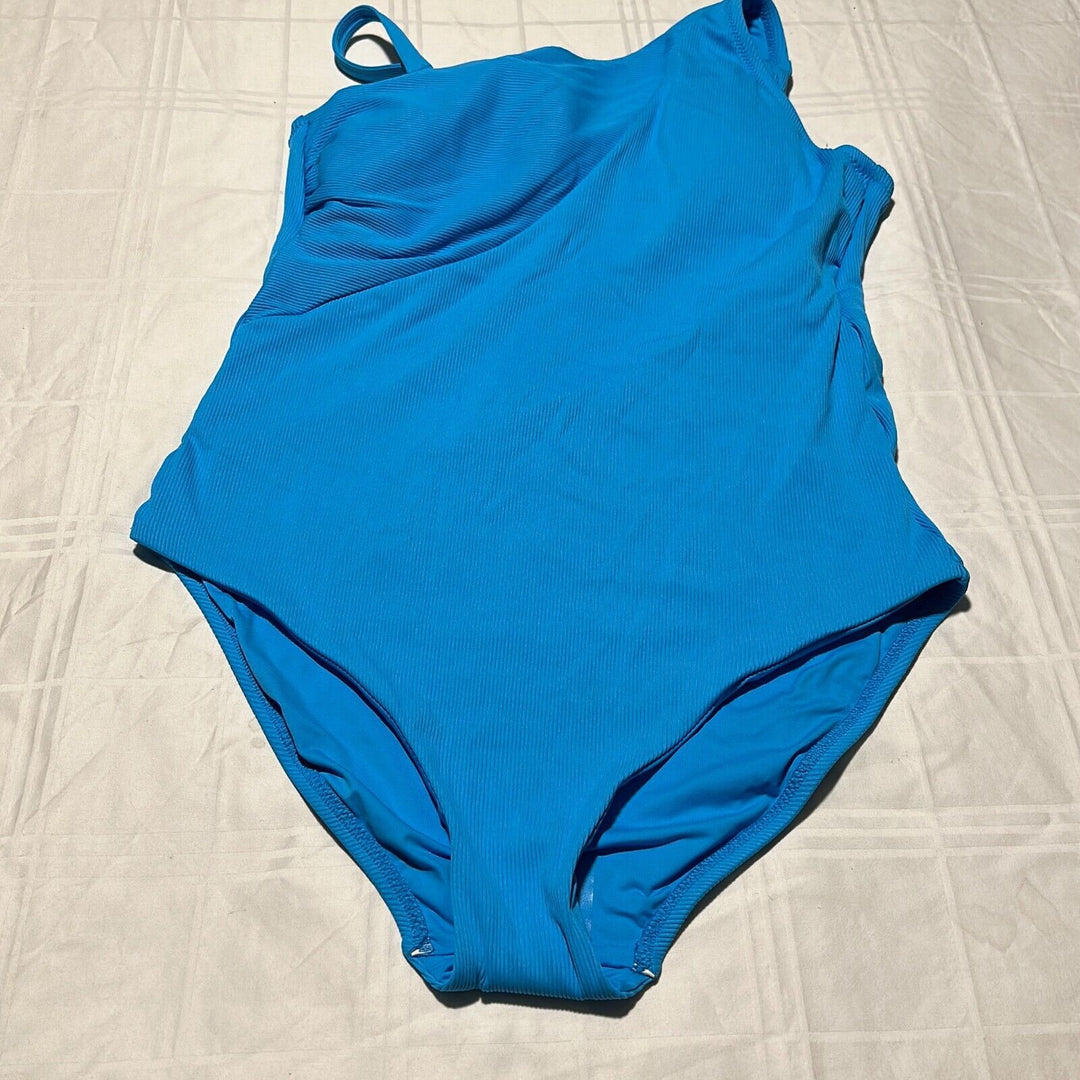 Becca Women's Waterfall Blue Asymmetrical Neck One-Piece Swimsuit Size 0X