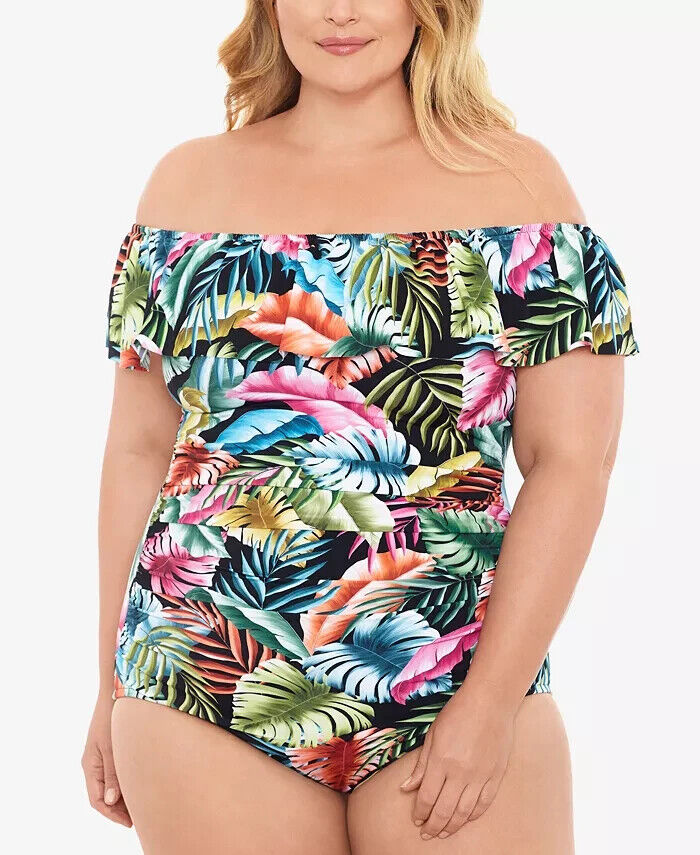 Swim Solutions Women's Black Palm Leaf Off The Shoulder One Piece Swimsuit Sz S