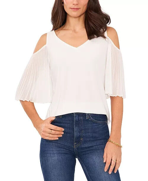 Vince Camuto Desert Summer Ivory Cold Shoulder Pleated Sleeve Blouse Size XS