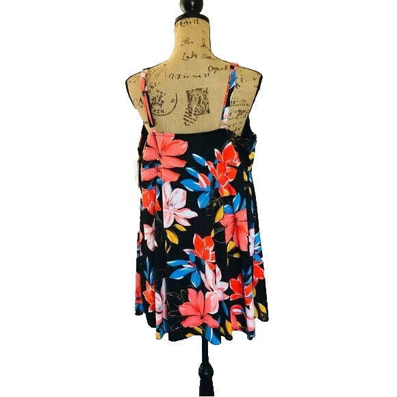 Swim Solutions Women's Black Floral V-Neck Triple Tier Tankini Top Size 10