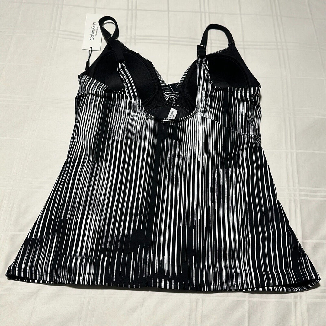 Calvin Klein Women's Black Striped Twist Front Tummy Control Tankini Top Size XL