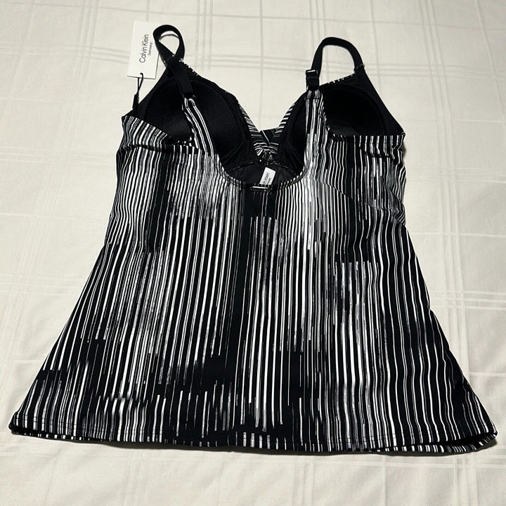 Calvin Klein Women's Black Striped Twist Front Tummy Control Tankini Top Size XL