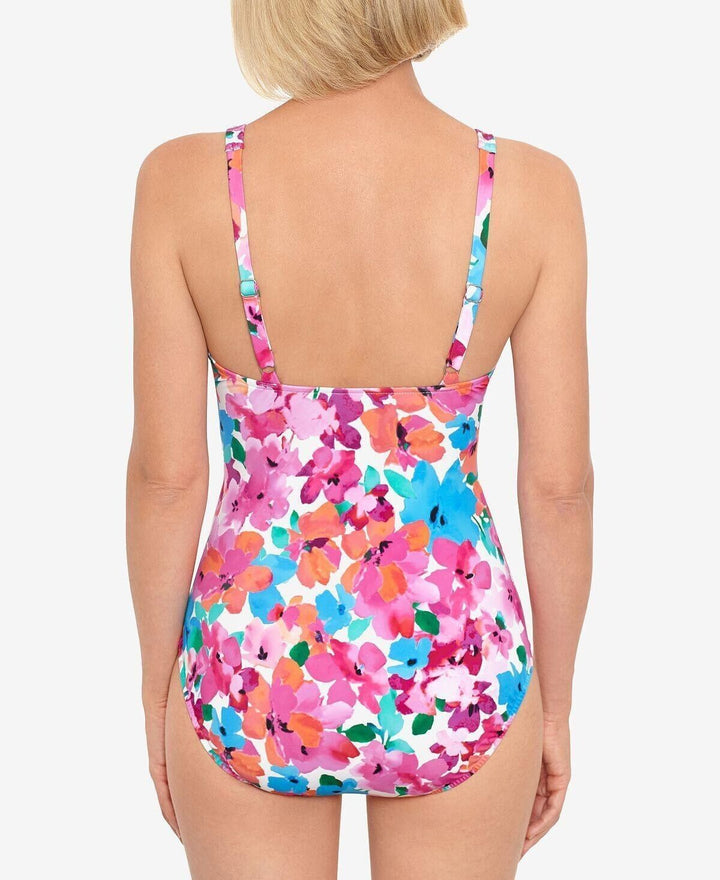 Swim Solutions Women's Pink Floral Twist Front Ruched One Piece Swimsuit Size 10