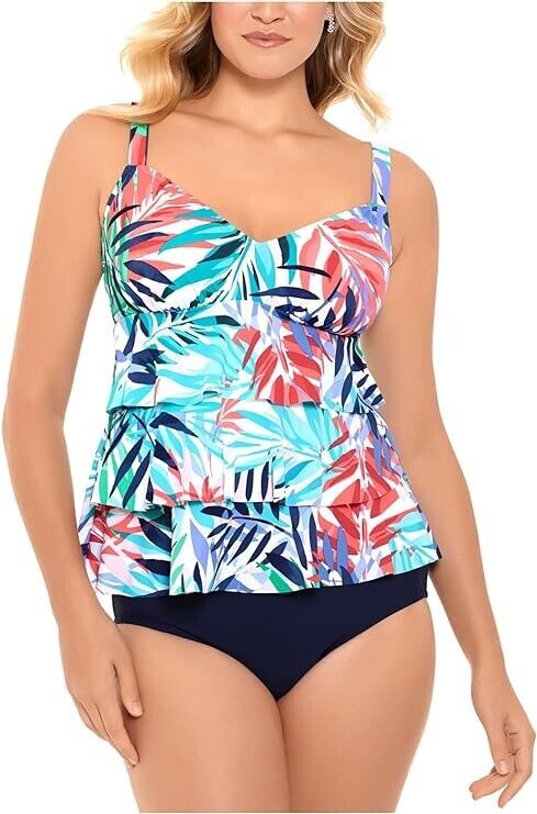 Swim Solutions Triple Tier Women's Navy Blue Swimwear Palm Springs Top Size 16