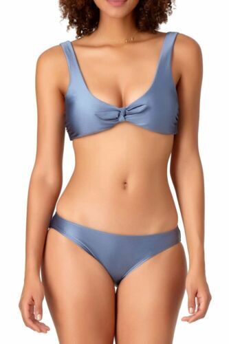 Anne Cole Women's Blue Front Knot Deep Scoop Neck Bikini Swim Top Size Small