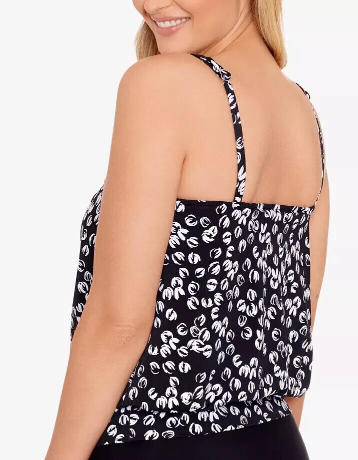 Swim Solutions Women's Black & White Printed Shirred-Neck Tankini Top Size 12